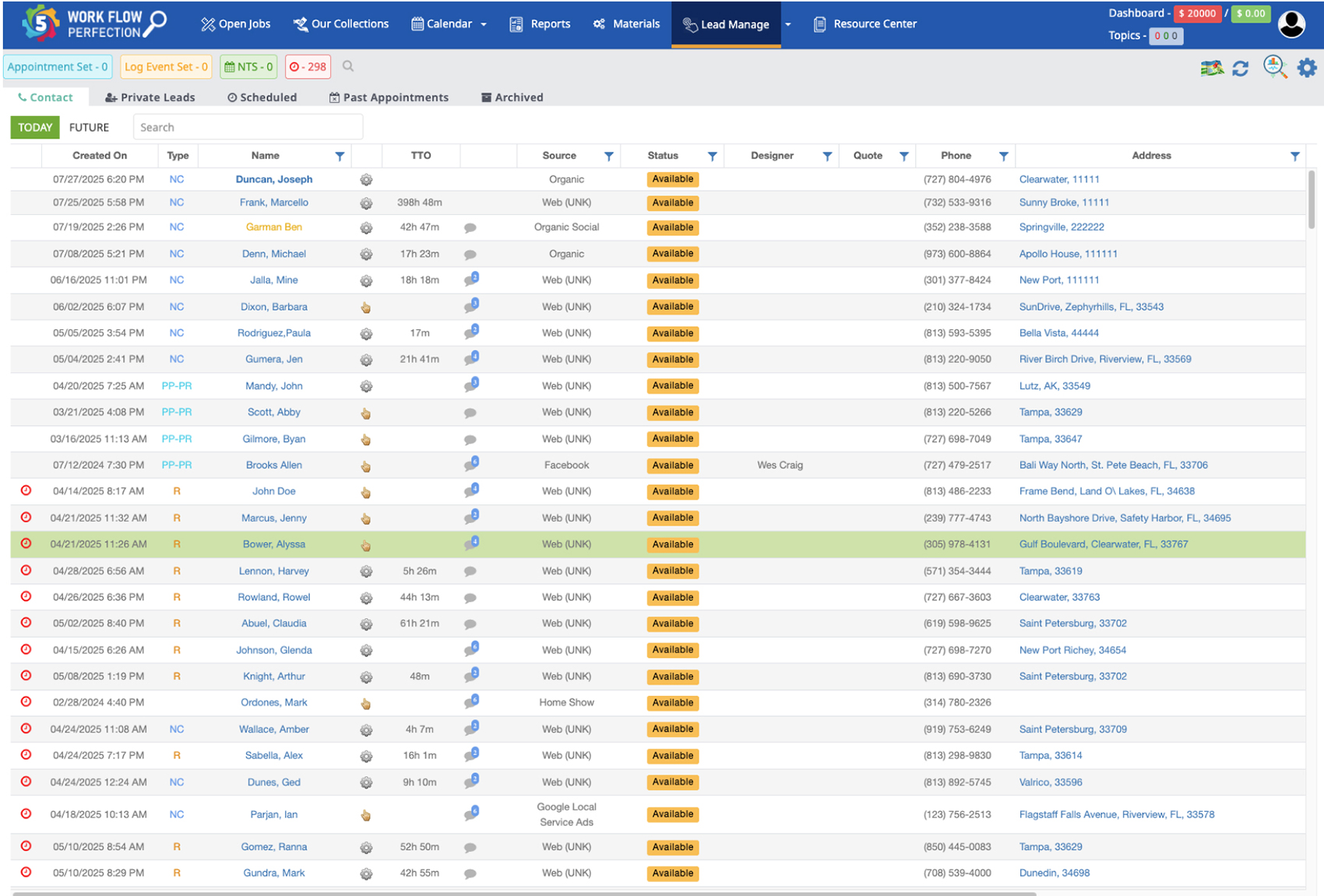 WFP Lead Manage screen showing a sortable lead table with columns for Created On, Type, Name, Time-to-Originate, Source, Status, Designer, Quote, Phone, and Address across active and recent leads.