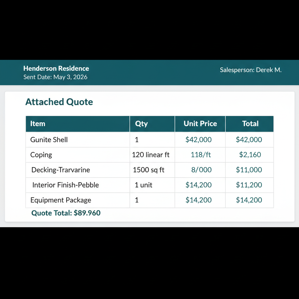 WFP lead detail view with an attached quote showing pool-specific line items, totals in tabular-nums, and salesperson attribution.