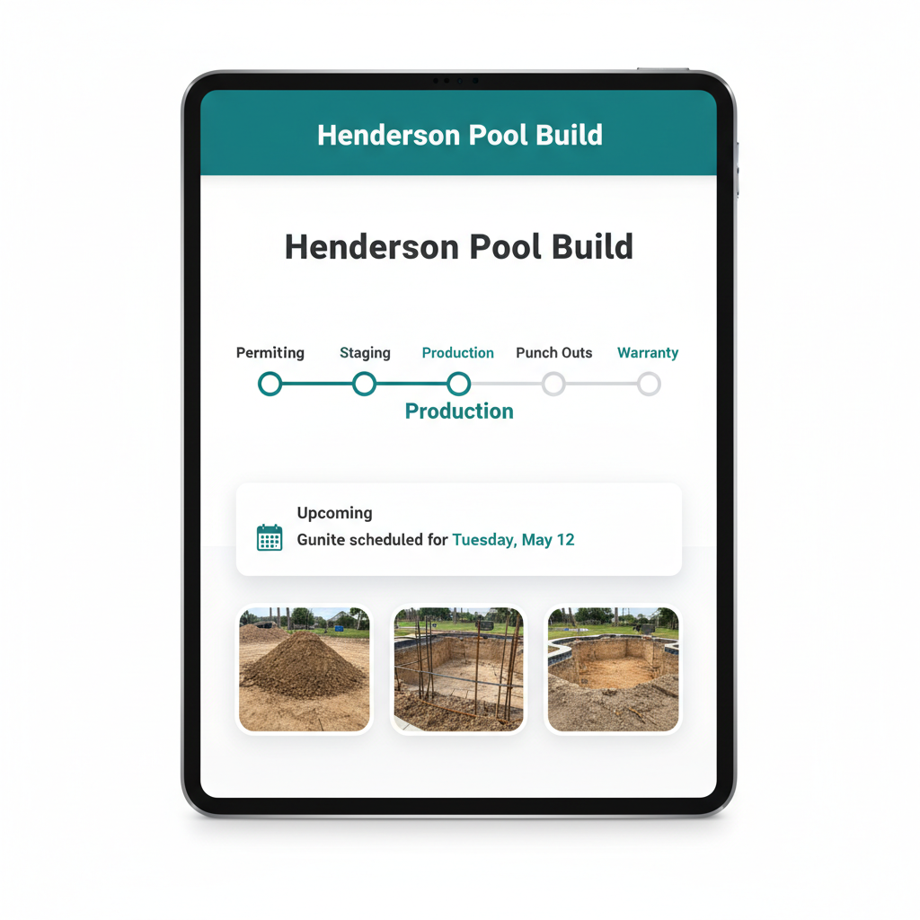 WFP customer portal from the customer perspective, with phase progress bar, current phase highlighted, upcoming milestone card, and dig-site photo gallery.