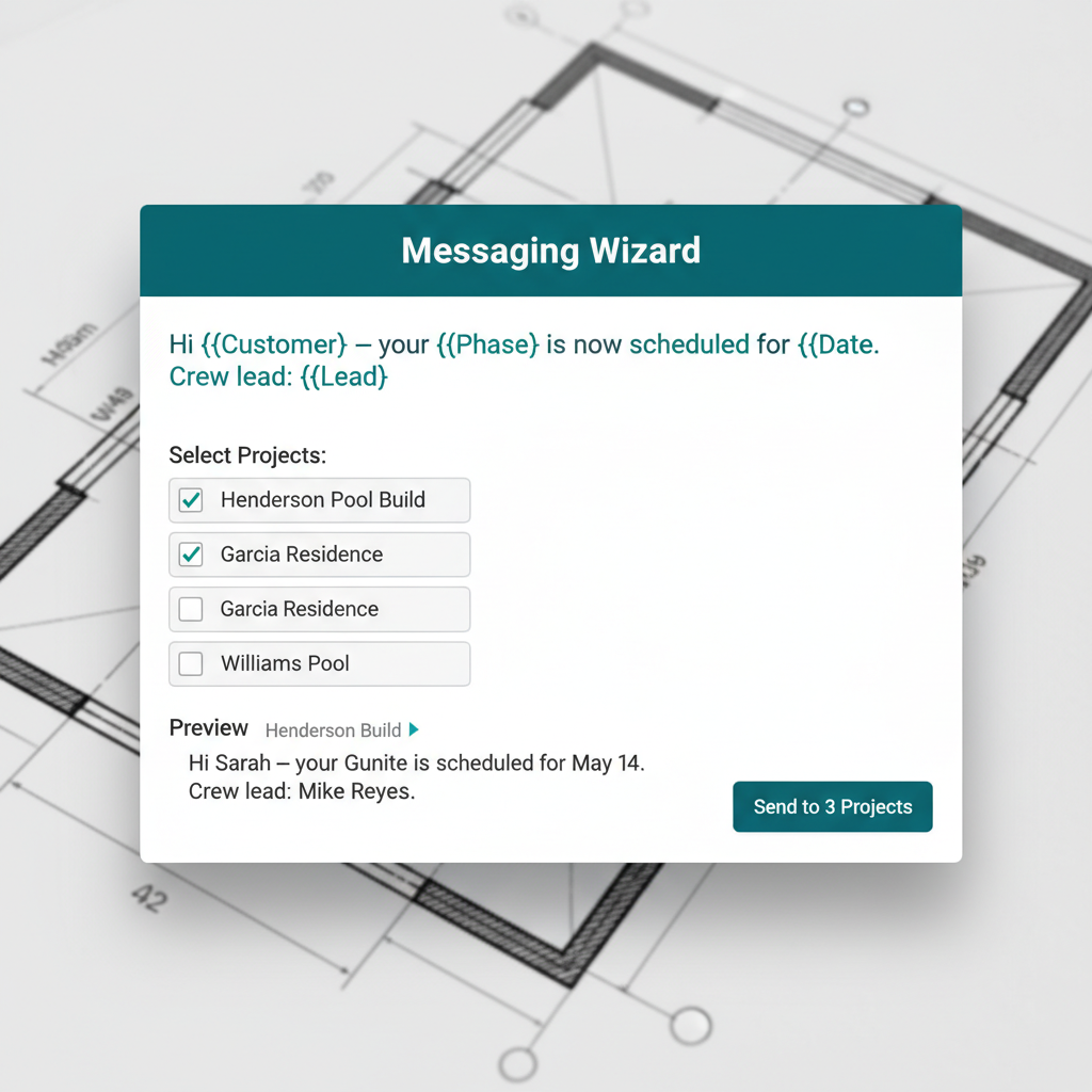 WFP messaging wizard modal with templated message, project picker, and resolved message previews.