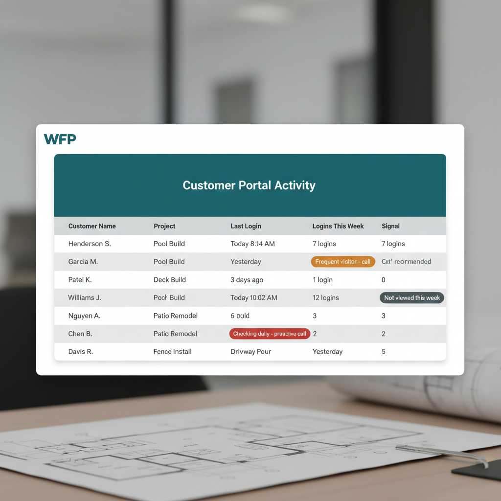 WFP customer engagement list showing each customer last login date, weekly visit count, and soft-signal call recommendations.