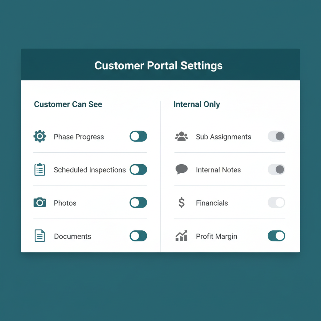 WFP customer portal configuration screen with visibility toggles for customer-visible items versus internal-only items.