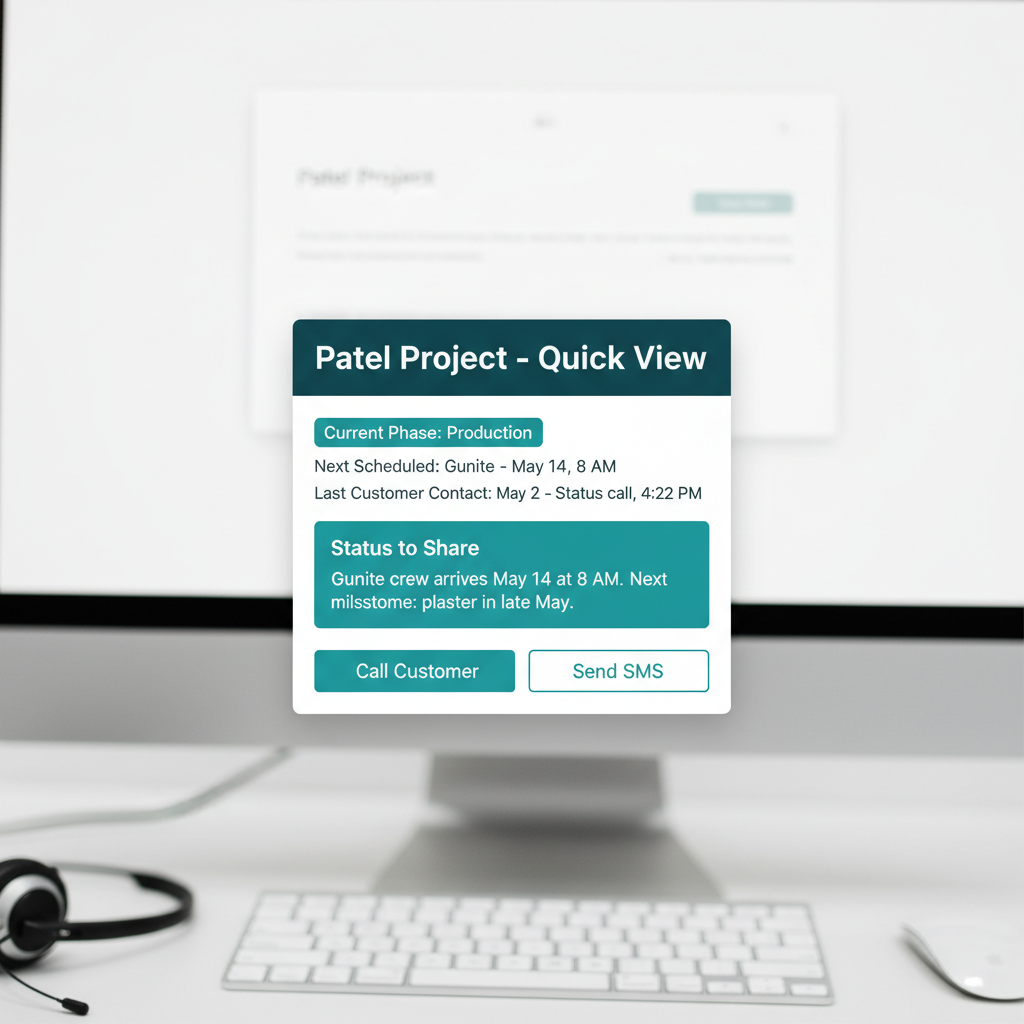 WFP project quick-view with current phase, scheduled milestones, recent interactions, and a teal status-to-share line.