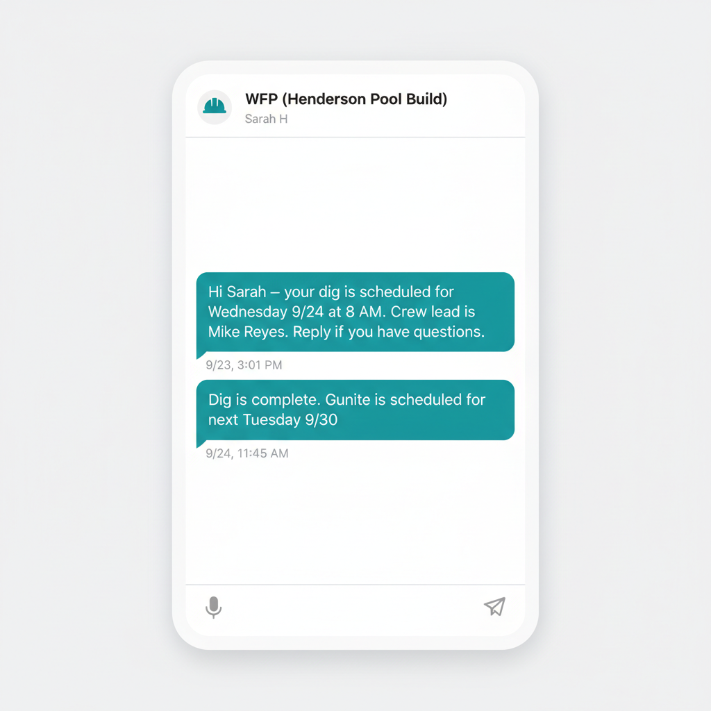Mobile SMS thread mockup with WFP-sent dig and gunite scheduling messages from the project to the customer.