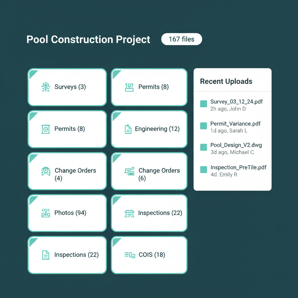 WFP project files panel for a pool build with document categories and counts, plus a recent uploads activity feed.