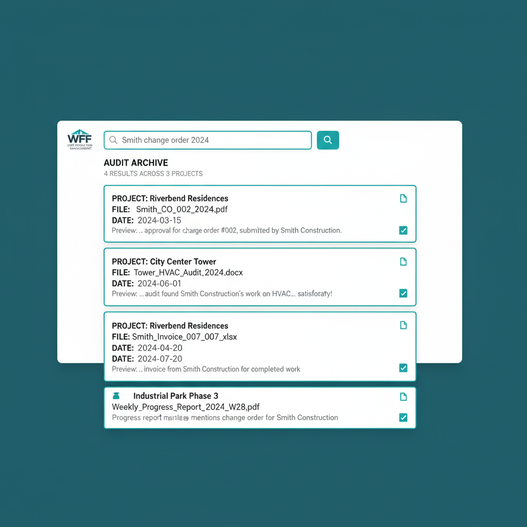 WFP archive search view across all projects with results showing project name, file name, date, and snippet previews.