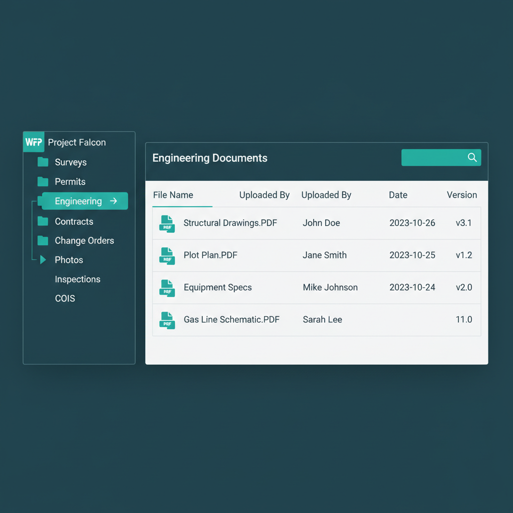 WFP project file browser with category folder tree on the left and an engineering folder file list on the right.