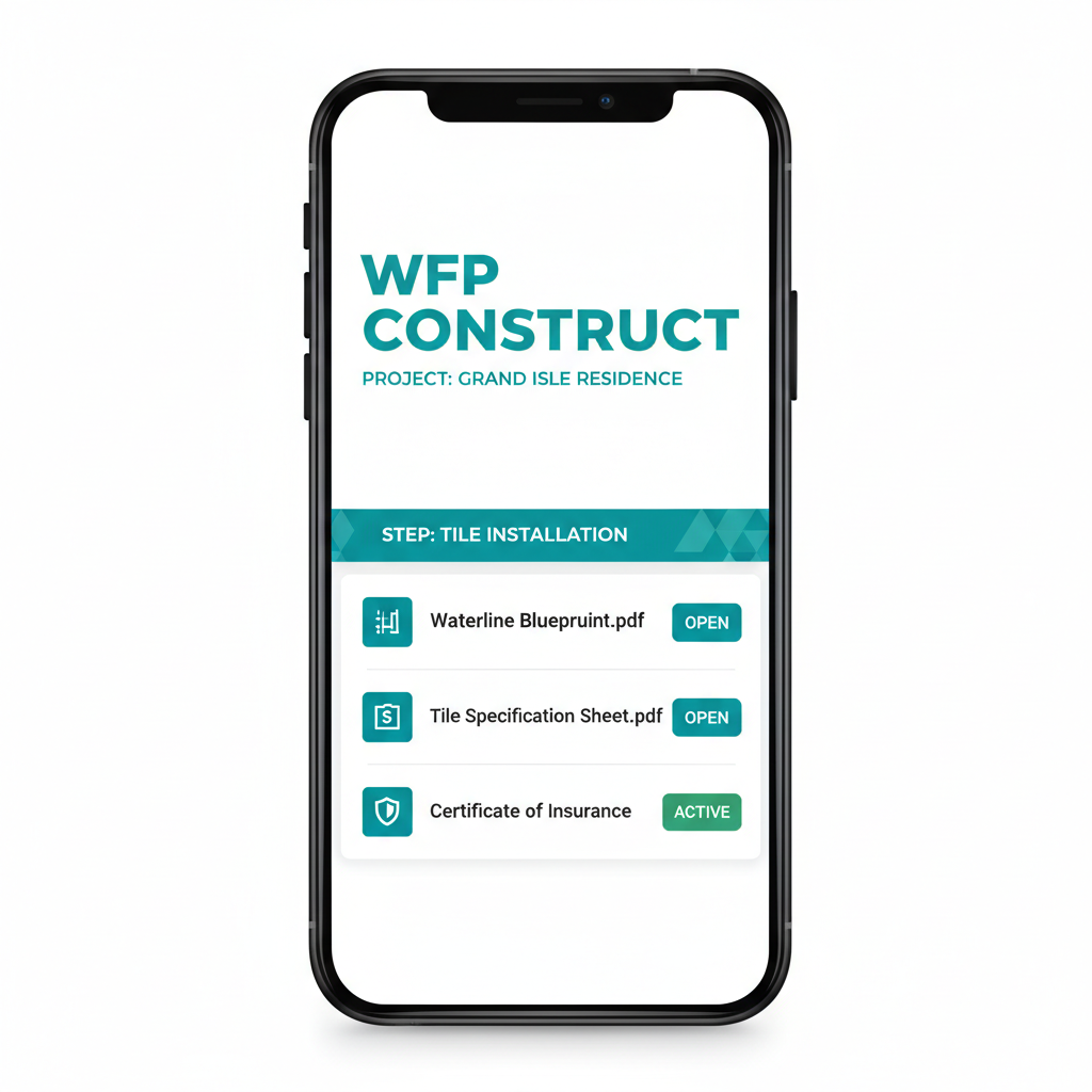 Phone mockup of a sub mobile view with a work order showing project name, tile step, and one-tap blueprint downloads.