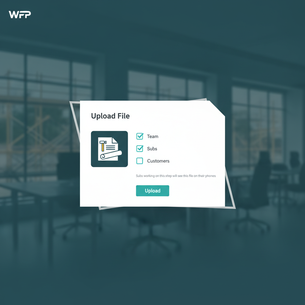 WFP file upload modal showing visibility selector with Team, Subs, and Customers checkboxes and a file preview.