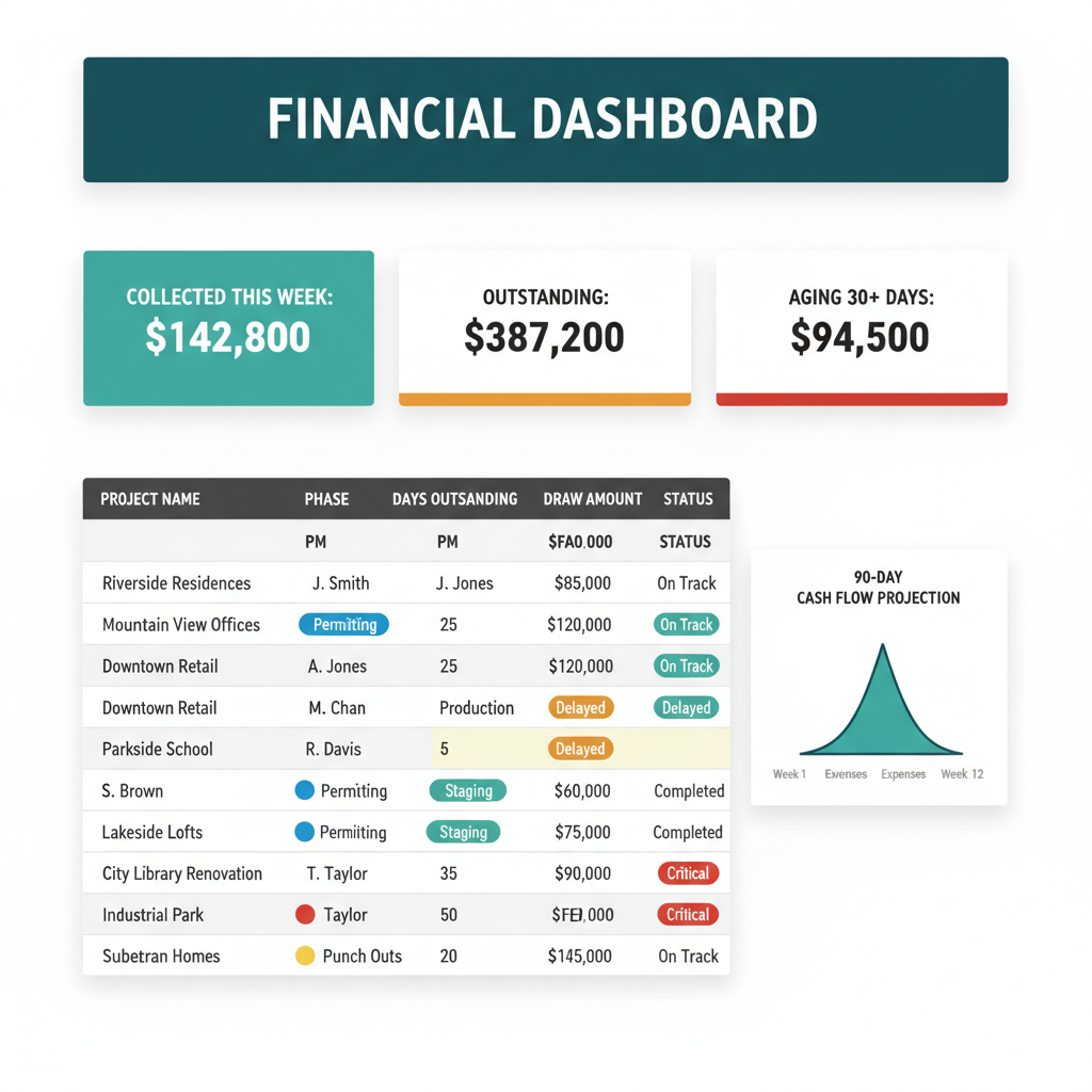 WFP financial dashboard with AR KPI tiles, per-project aging table with phase pills, and a 30/60/90-day cash flow projection chart.