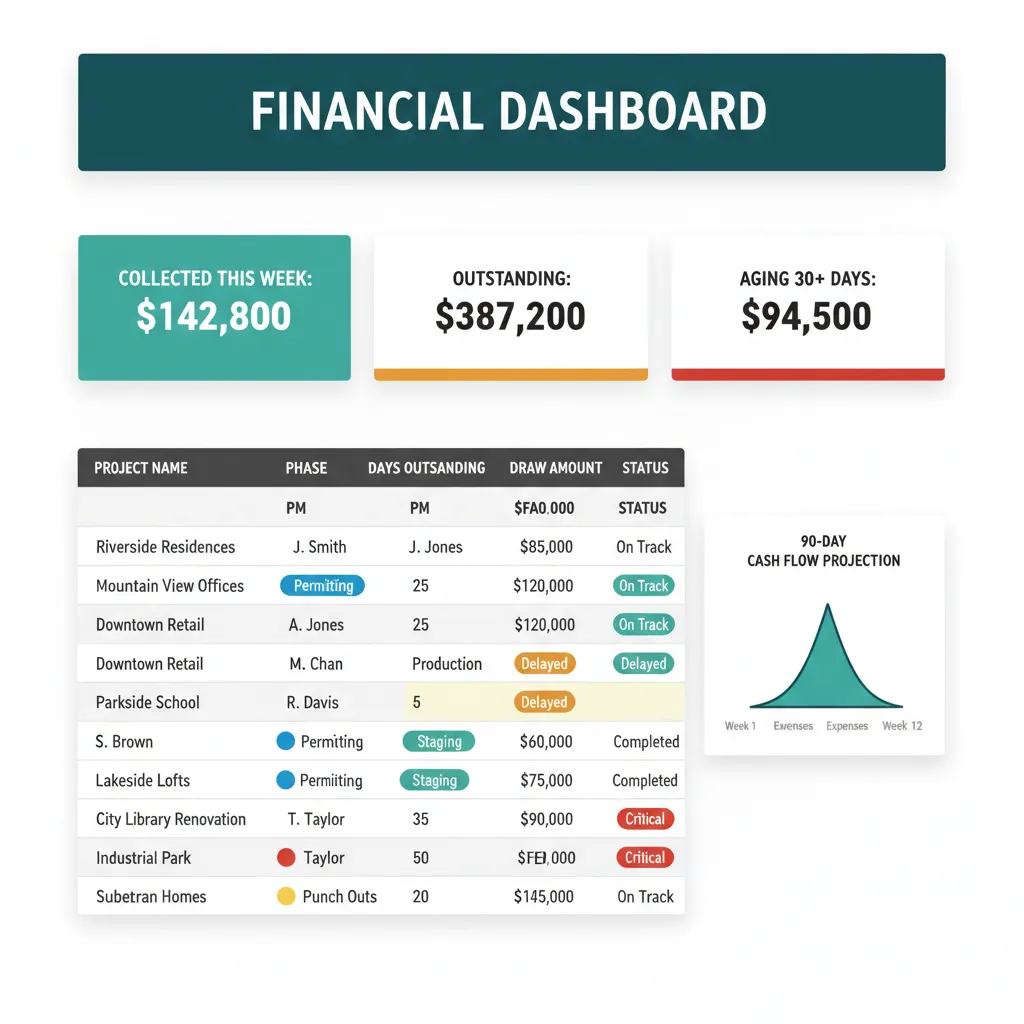 WFP financial dashboard with AR KPI tiles, per-project aging table with phase pills, and a 30/60/90-day cash flow projection chart.