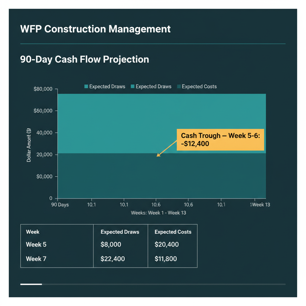 WFP cash flow projection chart with a 90-day stacked area view, annotated trough callout, and a weekly draws and costs table.