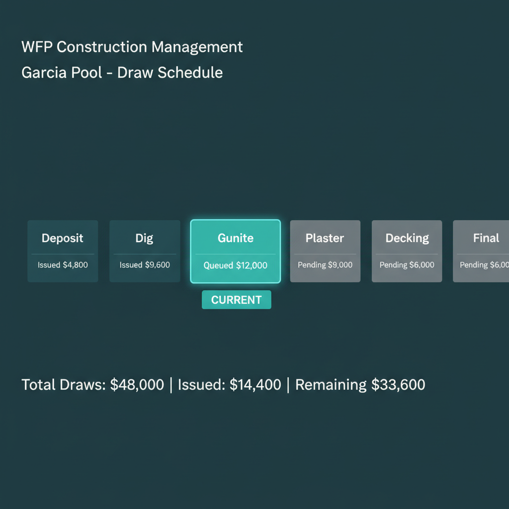 WFP draw schedule for a pool project showing the phase pipeline with each phase tied to a draw amount and status pill.