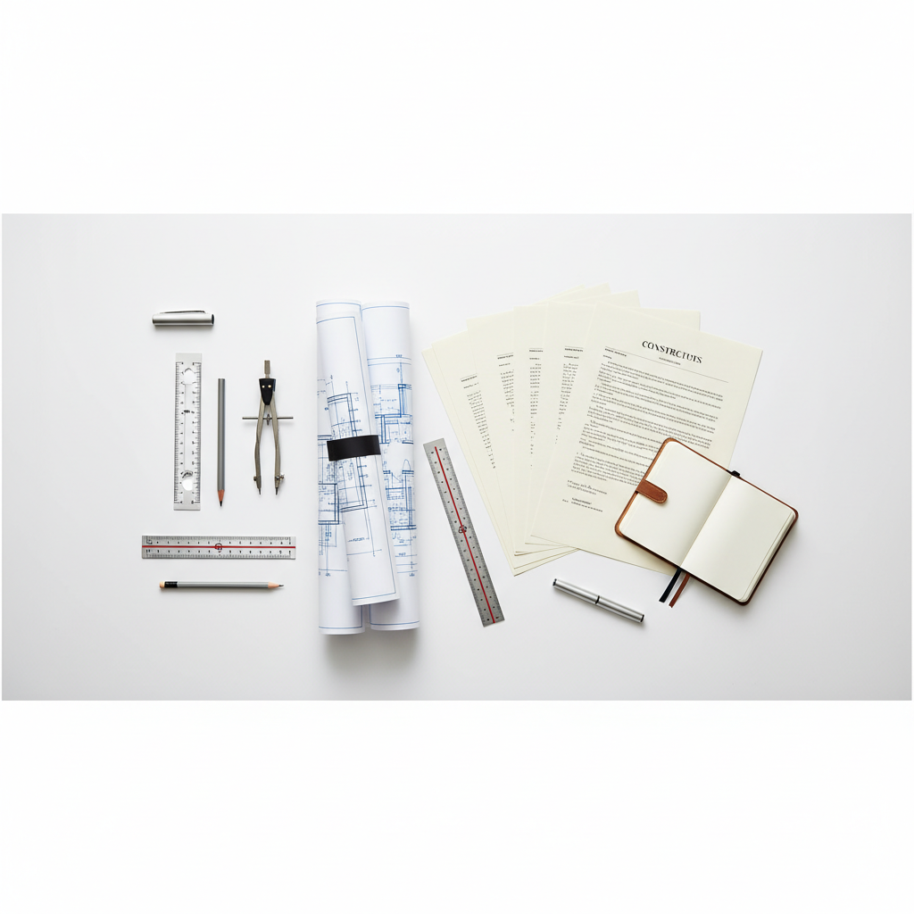 Neatly organized construction contracts and architectural blueprints spread across a desk with drafting tools