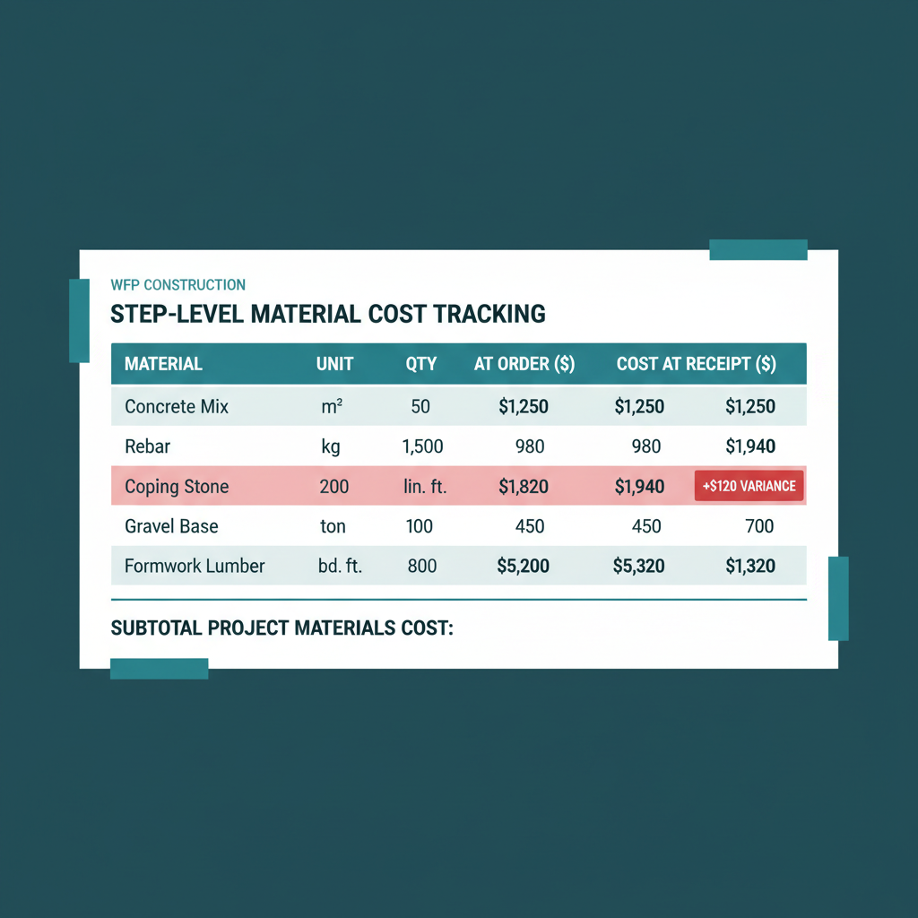 Step-level cost view with Cost at Order and Cost at Receipt columns and a flagged variance row on coping.