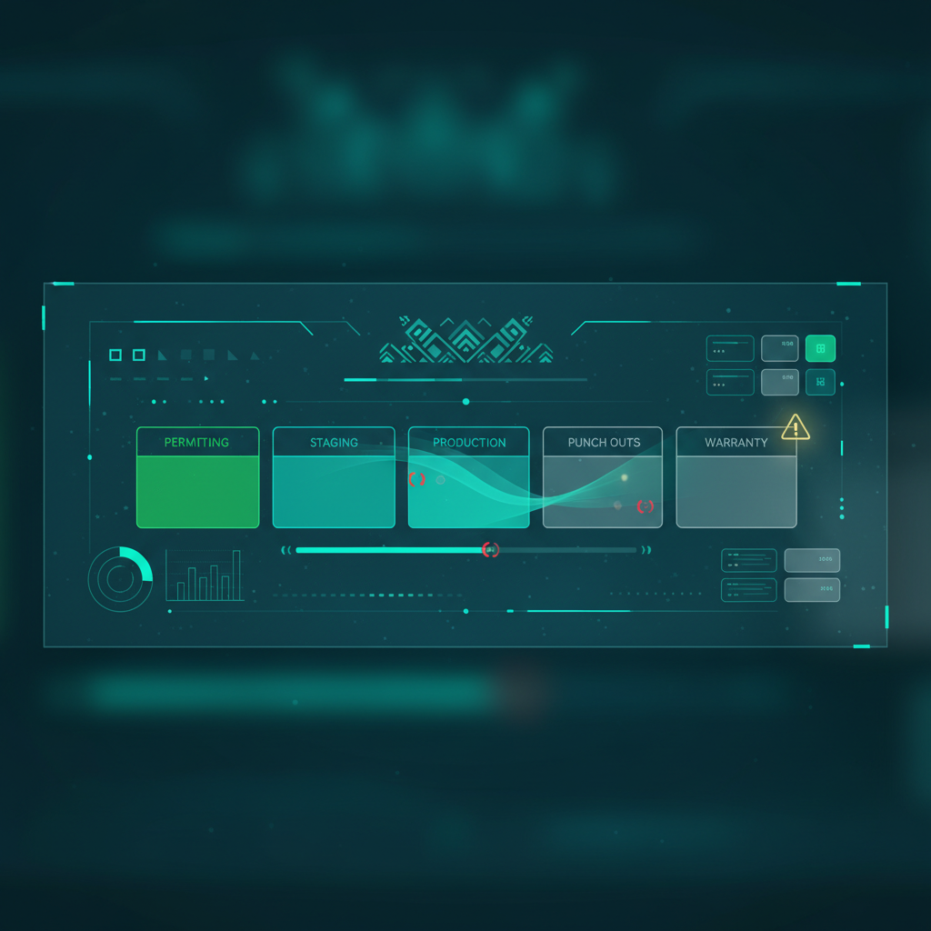 WFP dashboard showing pool construction phase timeline with Permitting, Staging, Production, Punch Outs, and Warranty phases, color-coded status indicators and teal data visualization