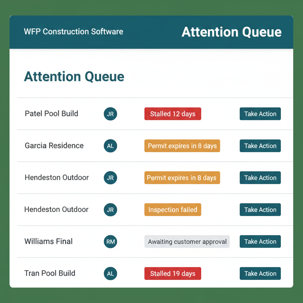 Attention queue listing projects with reason badges like Stalled 12 days, Permit expires in 8 days, and Inspection failed.