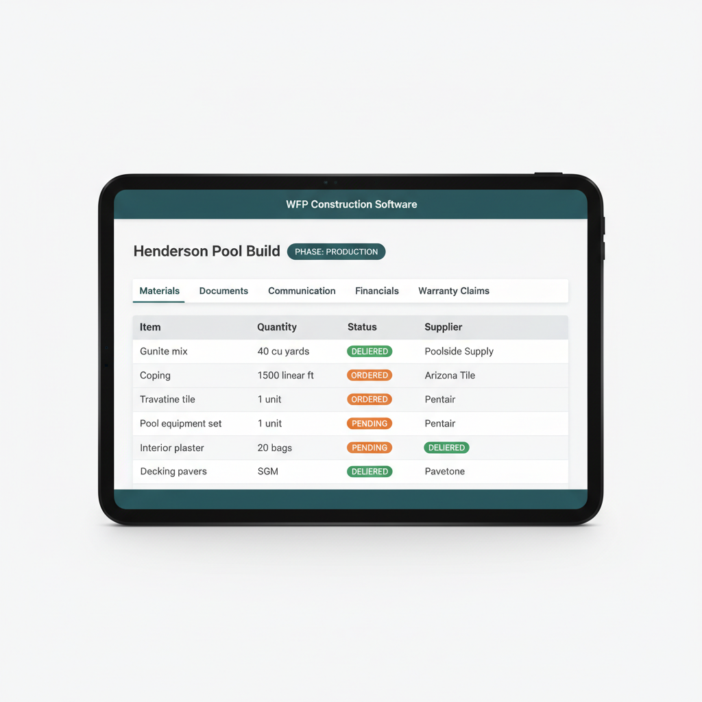 Project drill-down view with tabs for materials, documents, communication, financials, and warranty claims.