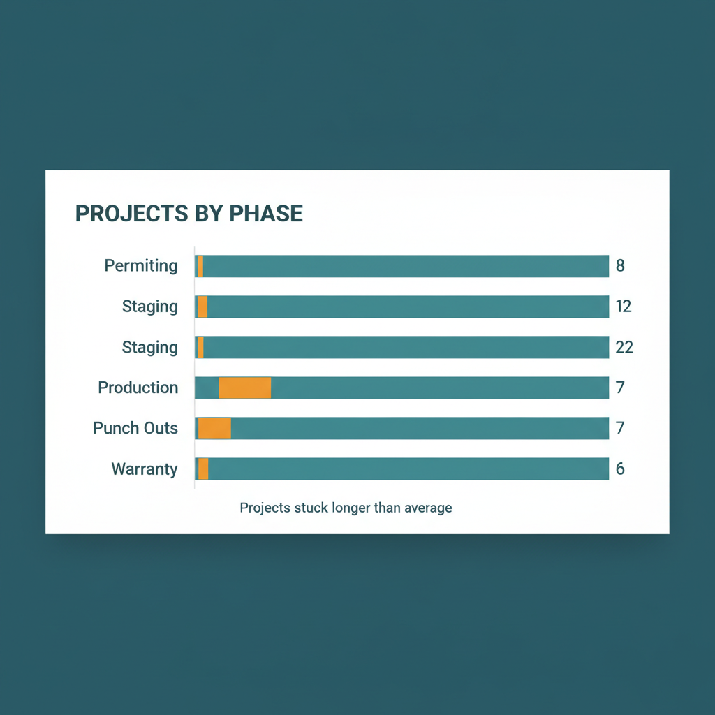 Projects-by-phase bar chart with amber highlights on projects stuck in phase longer than average.