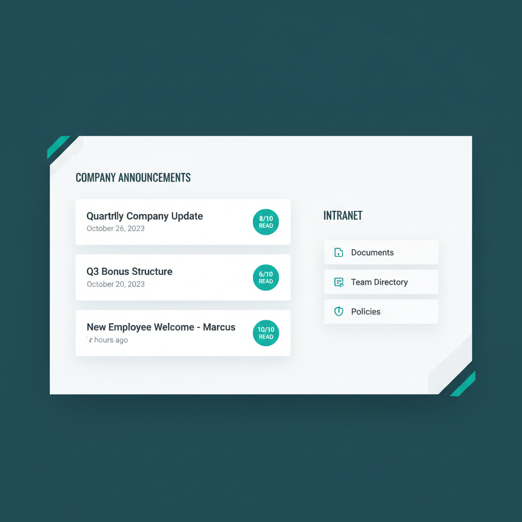 Company announcements feed with quarterly updates, bonus structure, and new employee welcome posts plus read receipts.