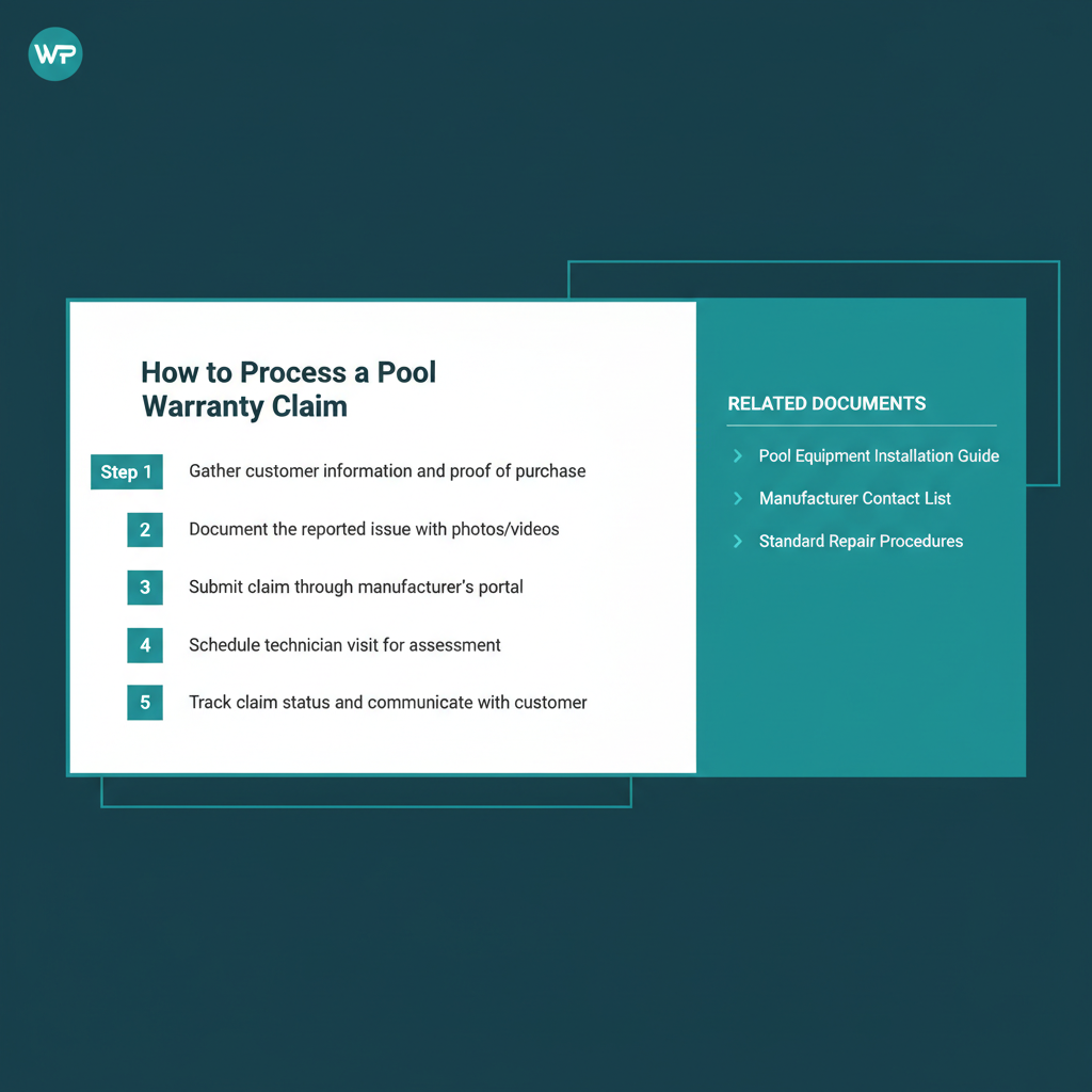 SOP detail view titled How to Process a Pool Warranty Claim with numbered steps and a related documents sidebar.