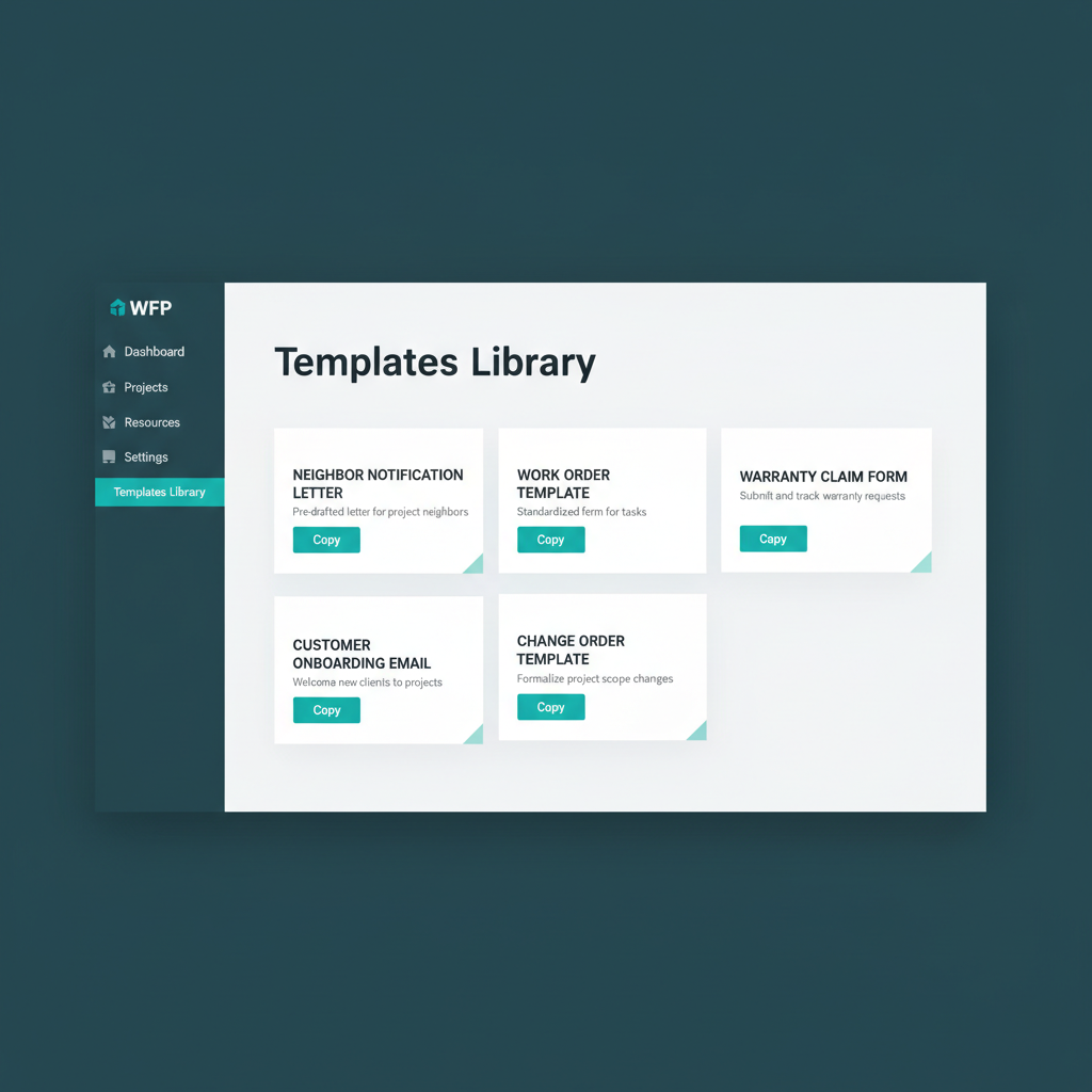 Templates section showing a grid of template cards with copy buttons for letters, work orders, and forms.