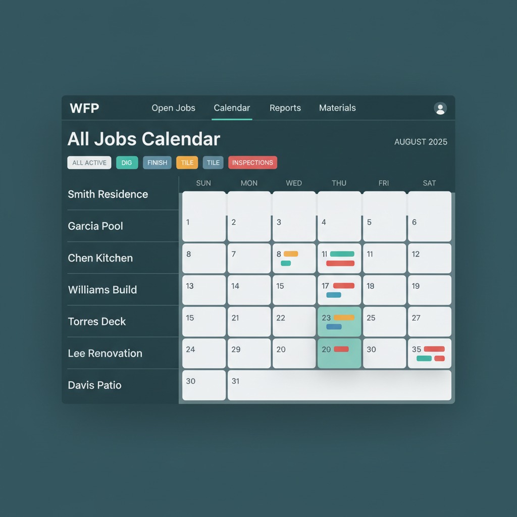 WFP All Jobs Calendar showing every active job for August, with a left rail listing 18 named projects and a monthly grid where work orders for each project sit on their scheduled days, color-coded by phase.