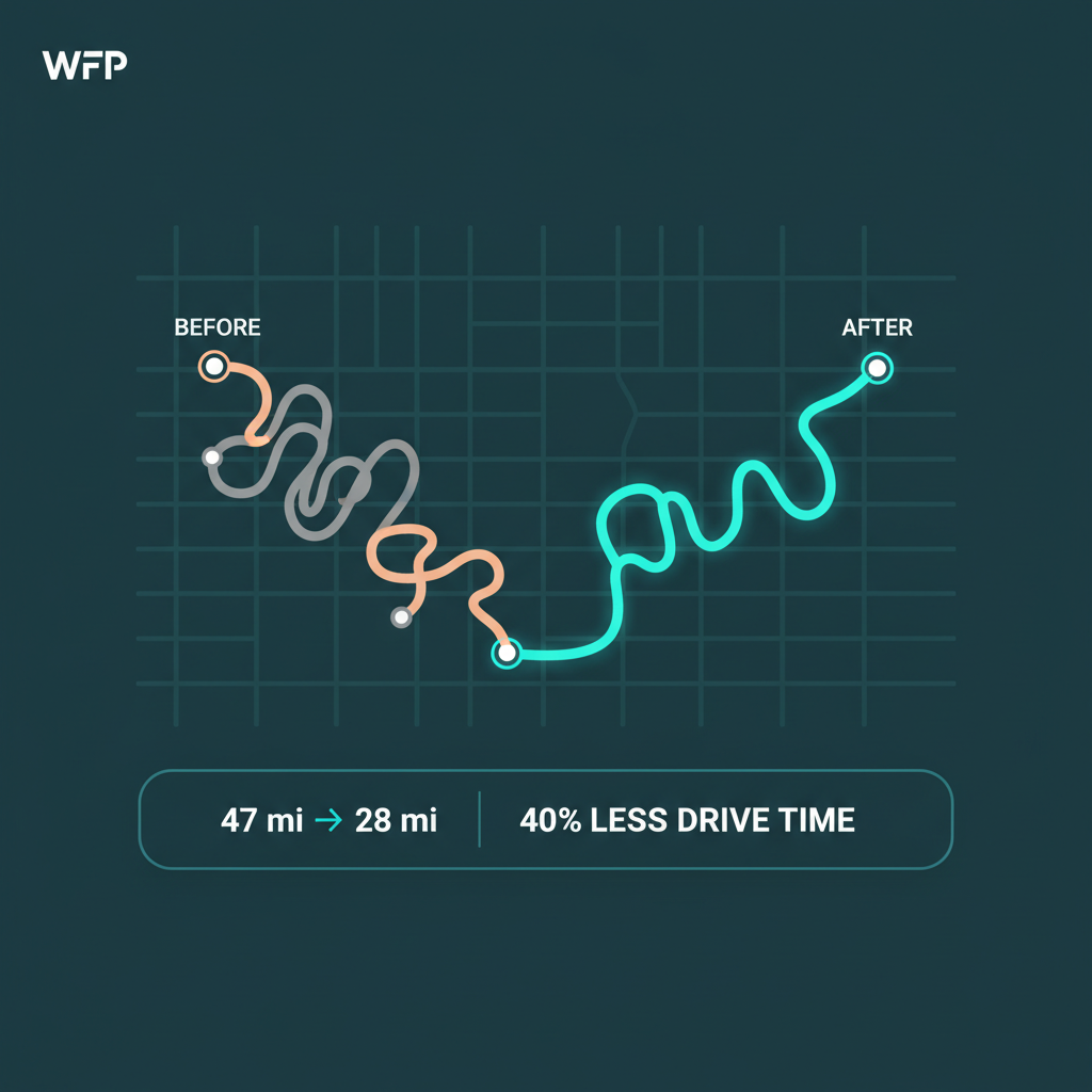 WFP route mapping visualization comparing a tangled before-route in muted orange with a smooth optimized teal after-route, with a metric strip showing 47 miles reduced to 28 miles for 40% less drive time