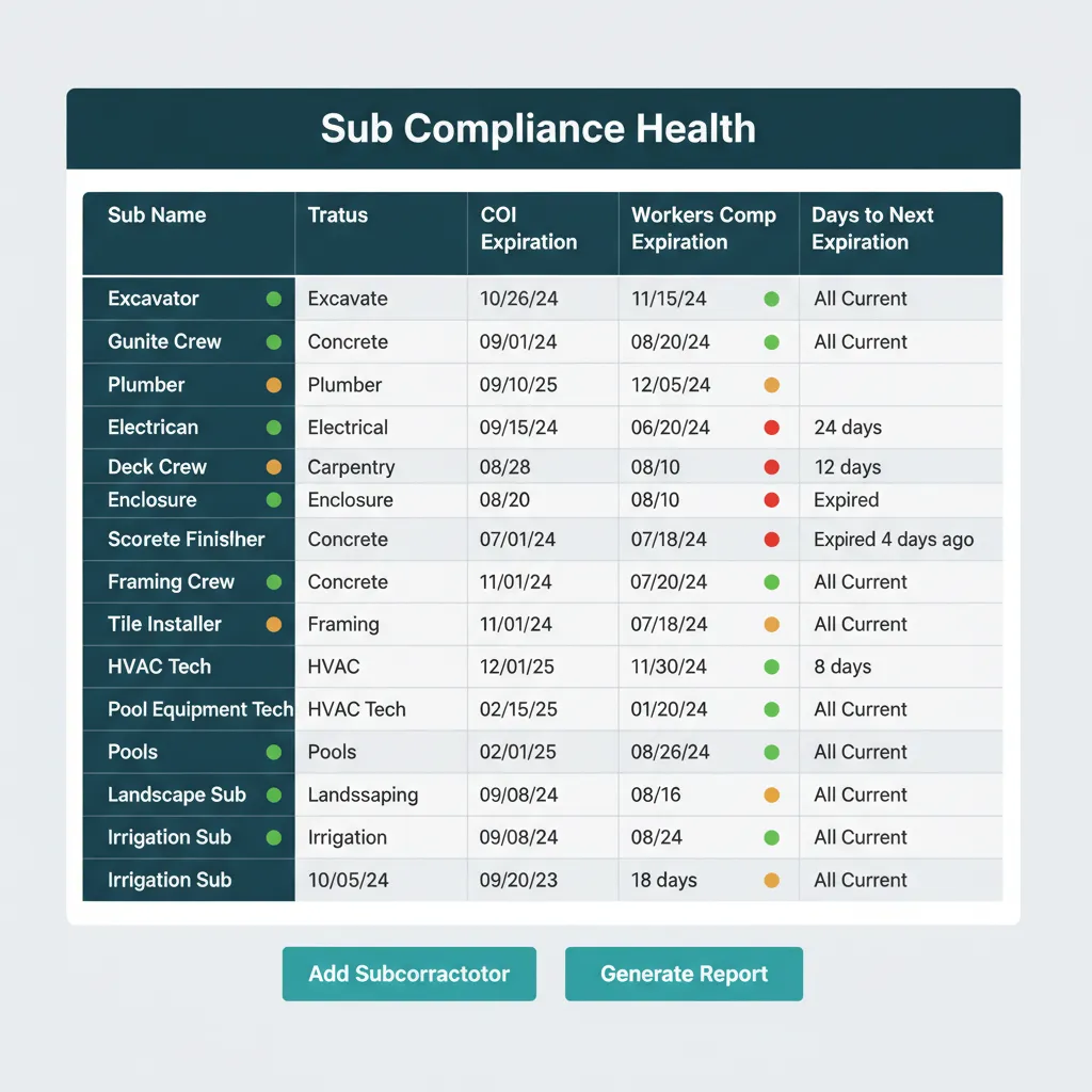 WFP sub compliance dashboard listing 12-15 subcontractors with green, amber, and red status dots and expiration dates for COI and workers' comp