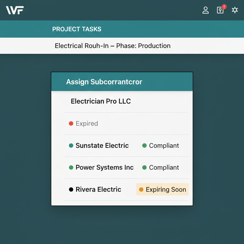 WFP work order assignment dropdown listing six subs each with a colored compliance dot, with a hover tooltip on the red sub reading Compliance hold