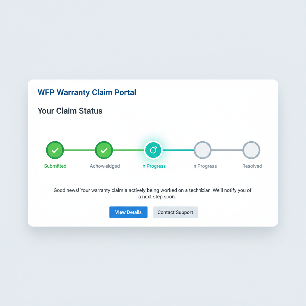 WFP customer portal view of a warranty claim showing a five-step plain-language status timeline currently at In Progress