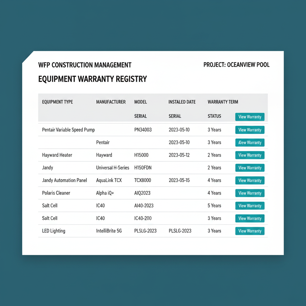 WFP equipment registry table with six rows of pool equipment showing manufacturer, model, serial, install date, warranty term, and View Warranty links