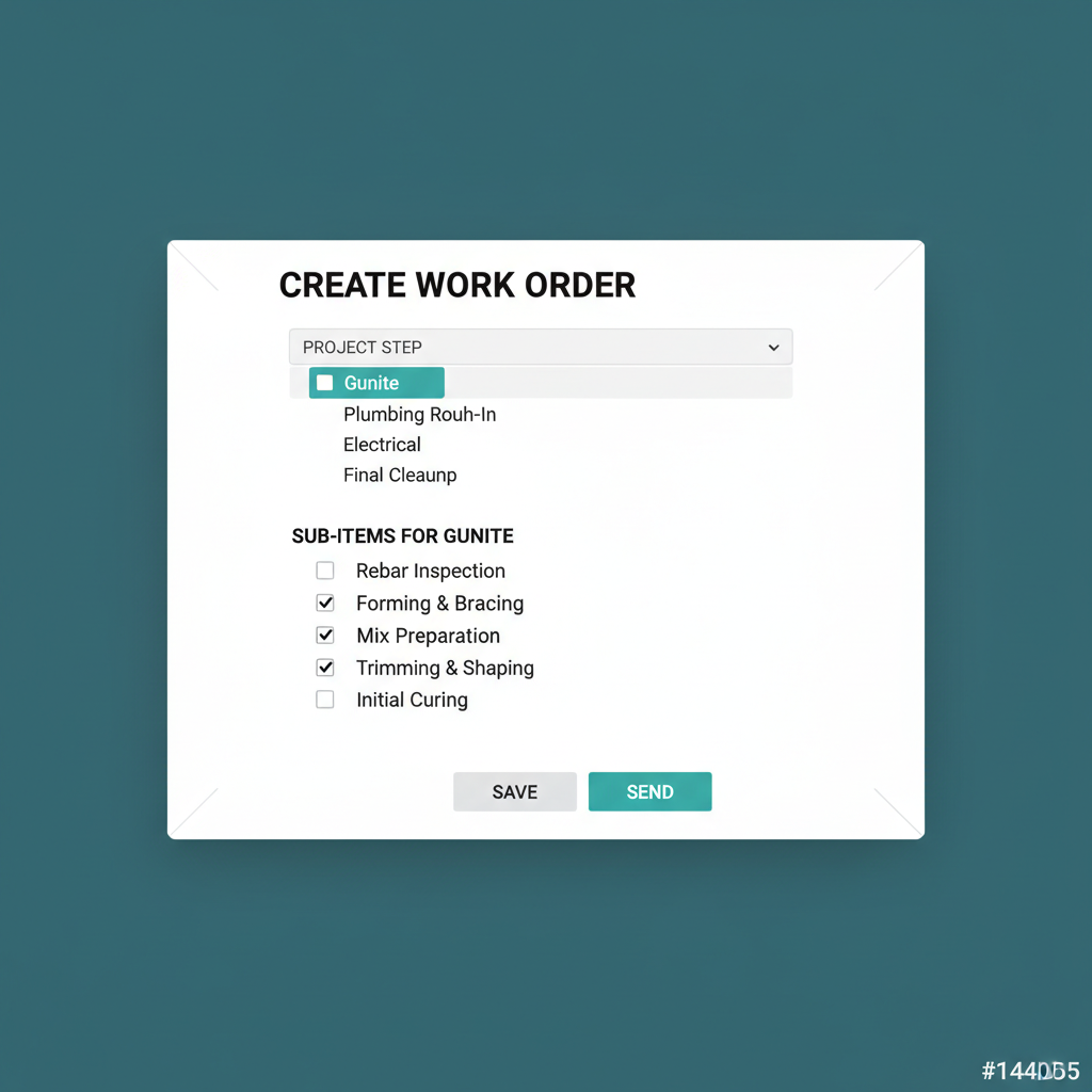 WFP work order creation modal with a project step picker and pre-filled sub-items checklist for the selected step
