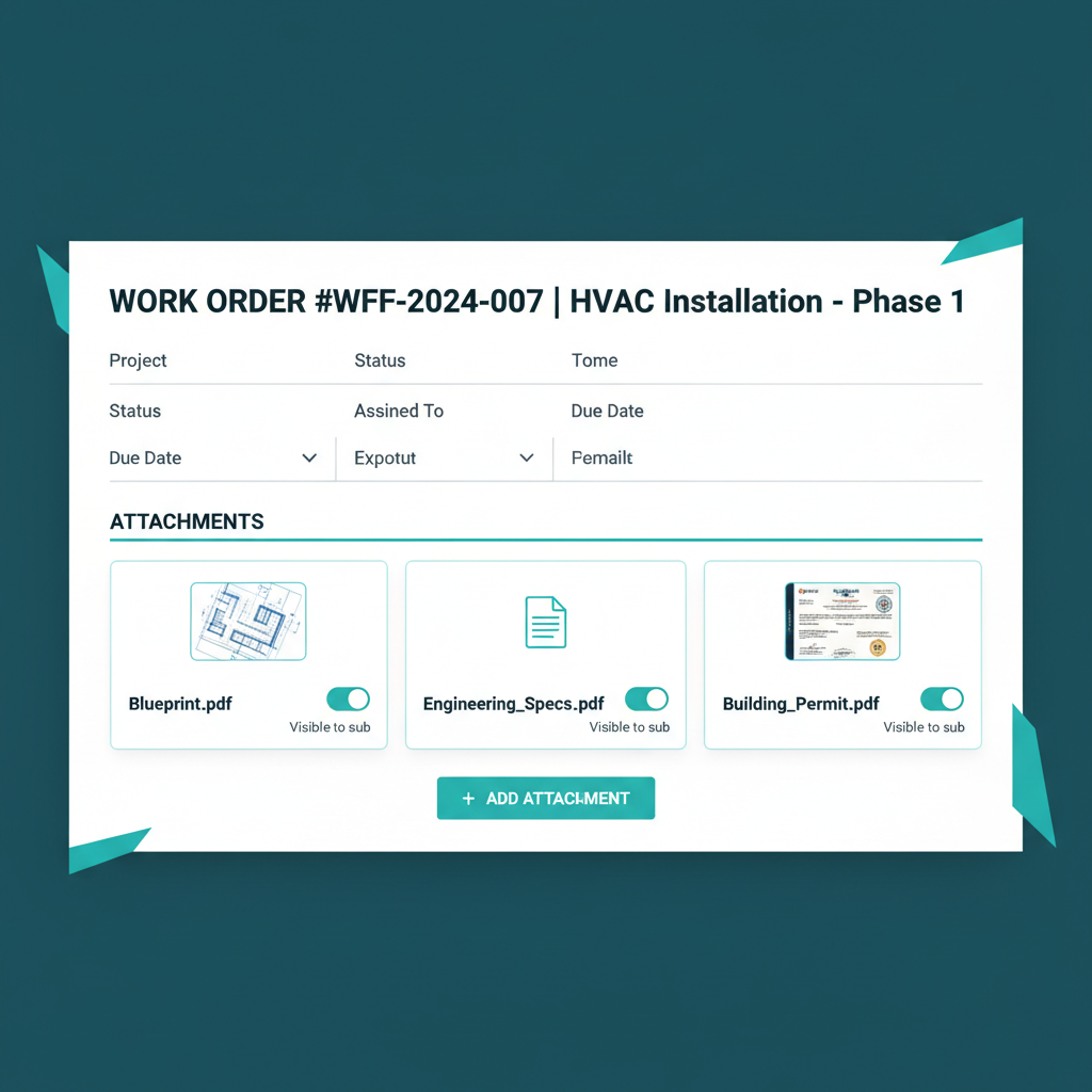 WFP work order detail with three document attachments, each with a Visible to sub toggle